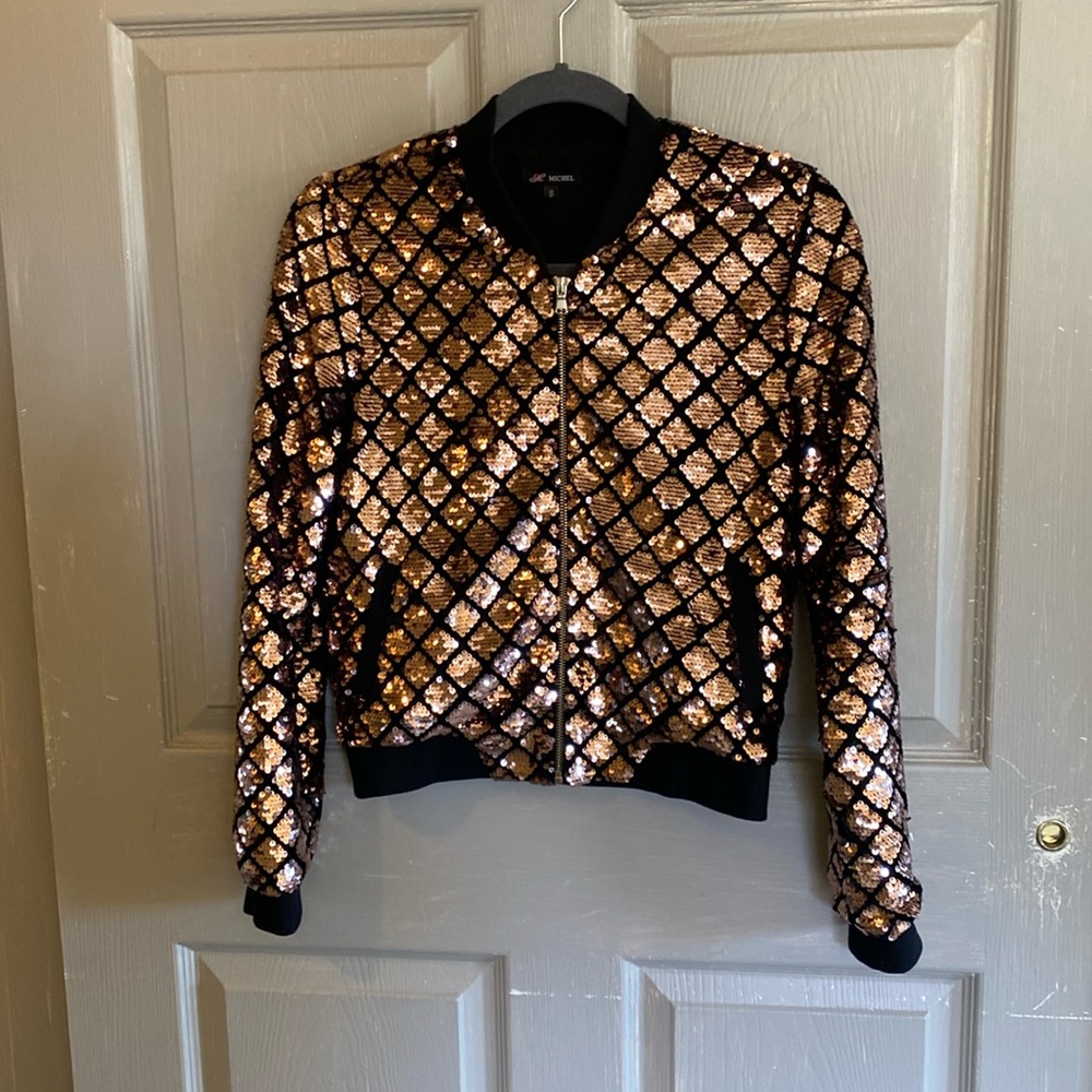 Michel sequin jacket, rose, gold, and black size small.